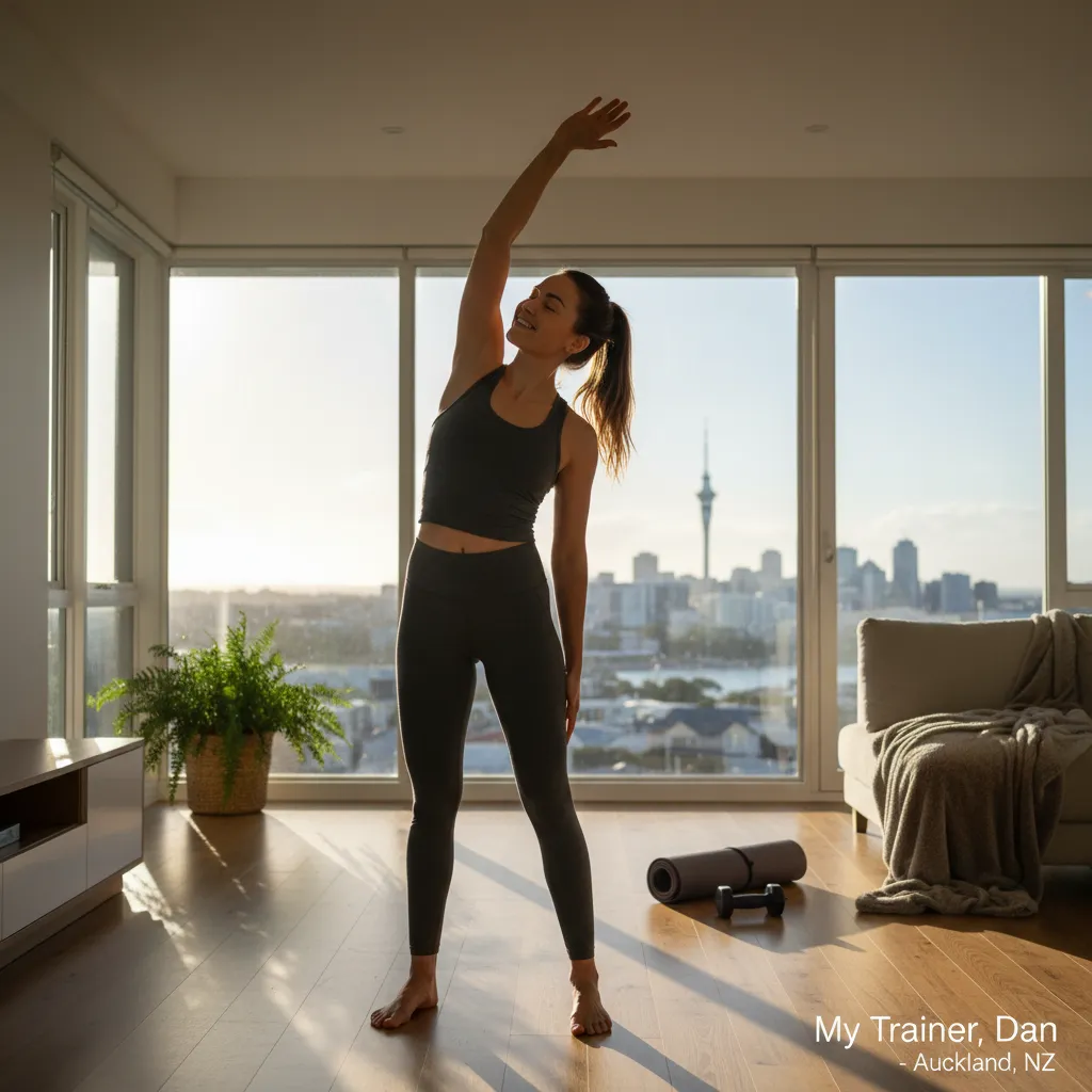 Satisfied person post-workout at home