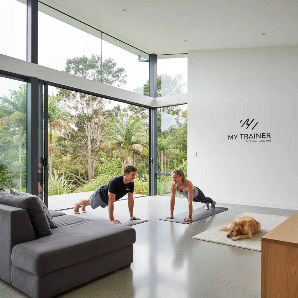 Mobile personal trainer working with client in their home