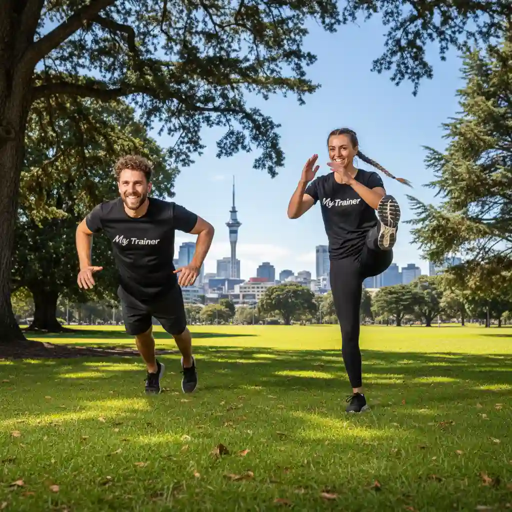 Two people enjoying an outdoor personal training session in an Auckland park.