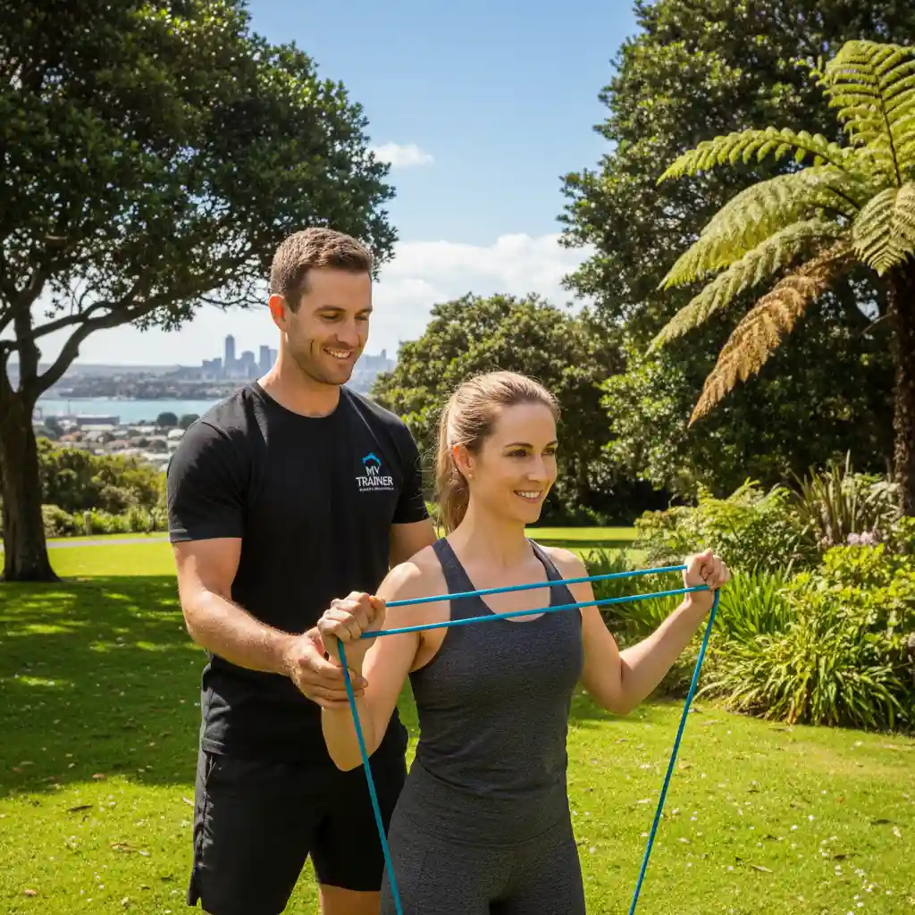 Personal trainer demonstrating a resistance band exercise outdoors.