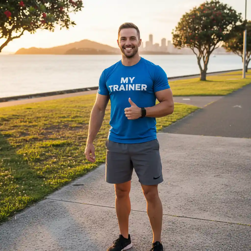 Dan, the personal trainer, smiling outdoors in Auckland.