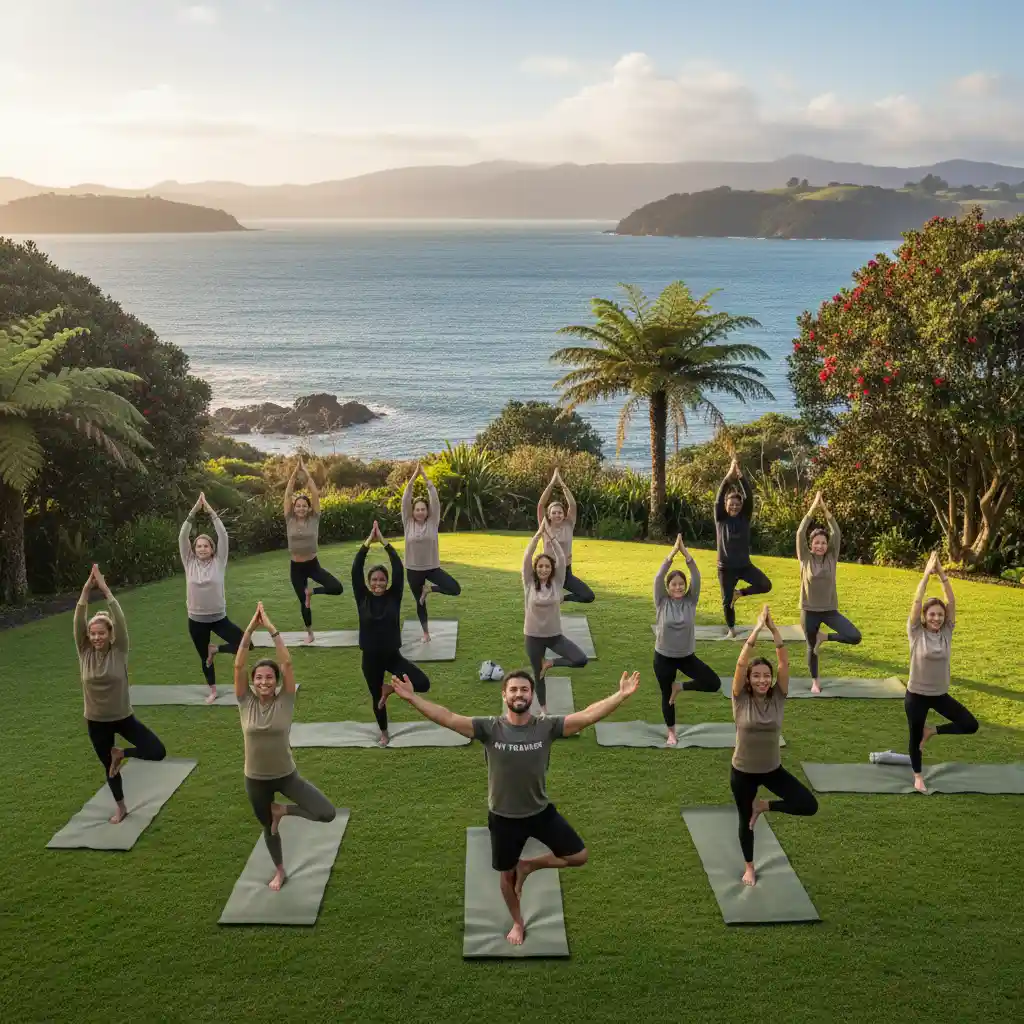 Group doing outdoor yoga at an Auckland wellness retreat