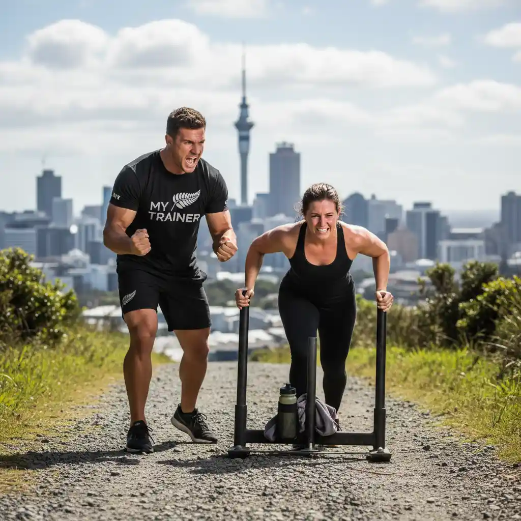 Personal trainer motivating client in Auckland