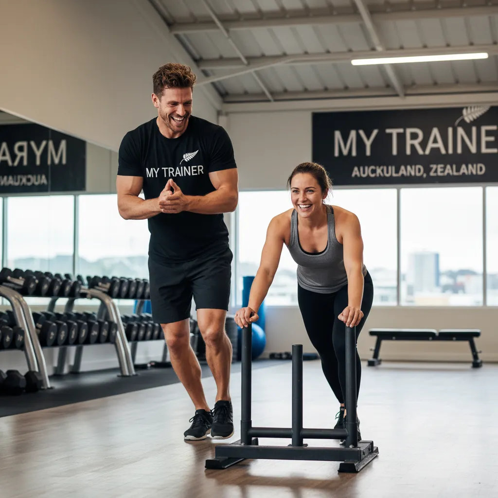 Personal trainer motivating client with sled push