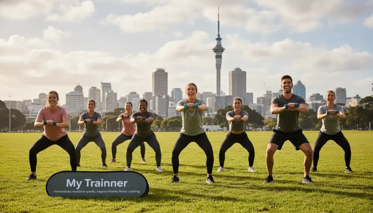 Group of people smiling and exercising outdoors with an Auckland personal trainer