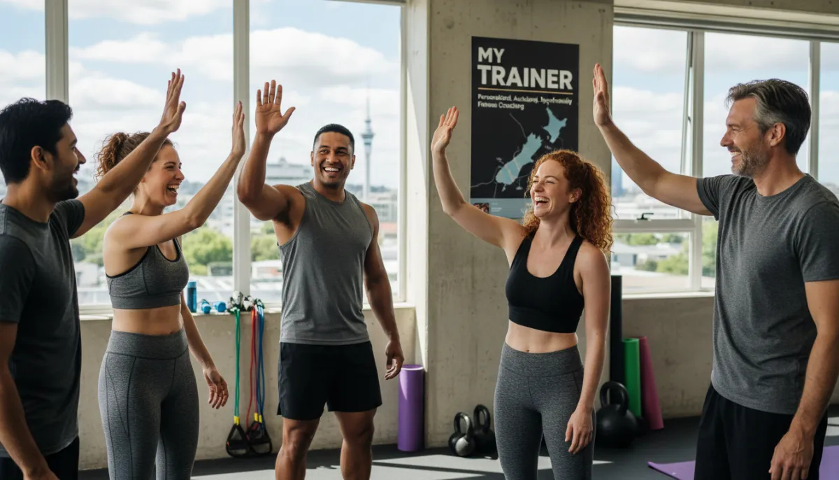 Small group of friends exercising together with a trainer