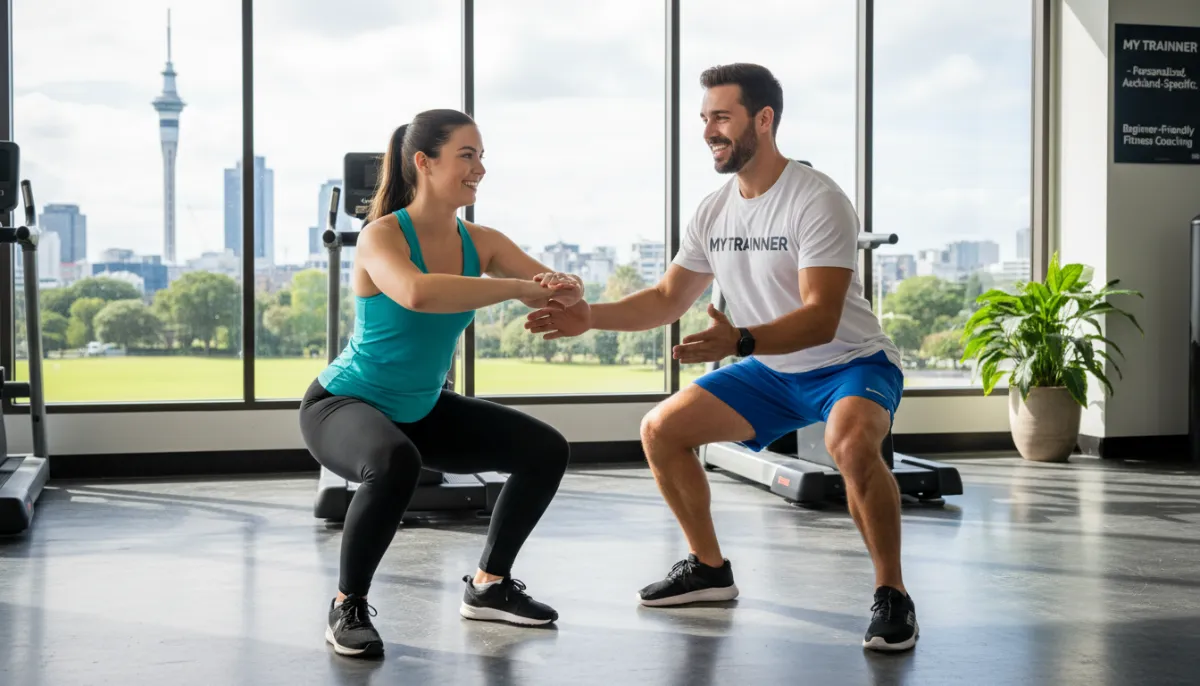 Personal trainer demonstrating exercise inclusions to a client in Auckland