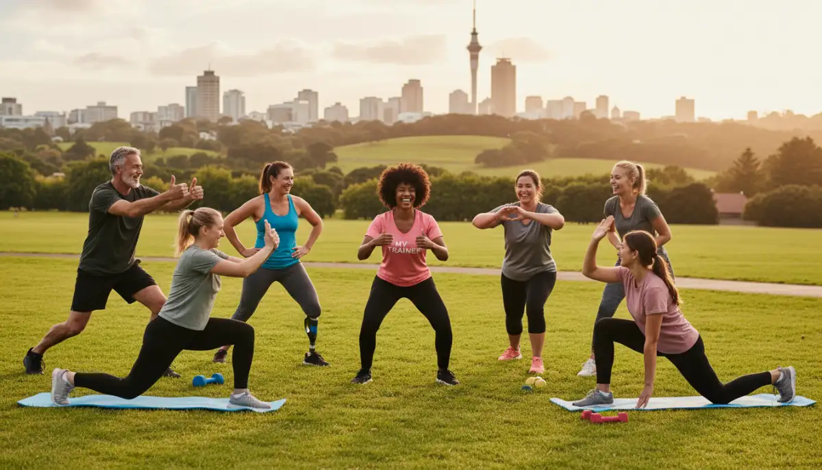 Diverse group enjoying beginner-friendly outdoor fitness in Auckland