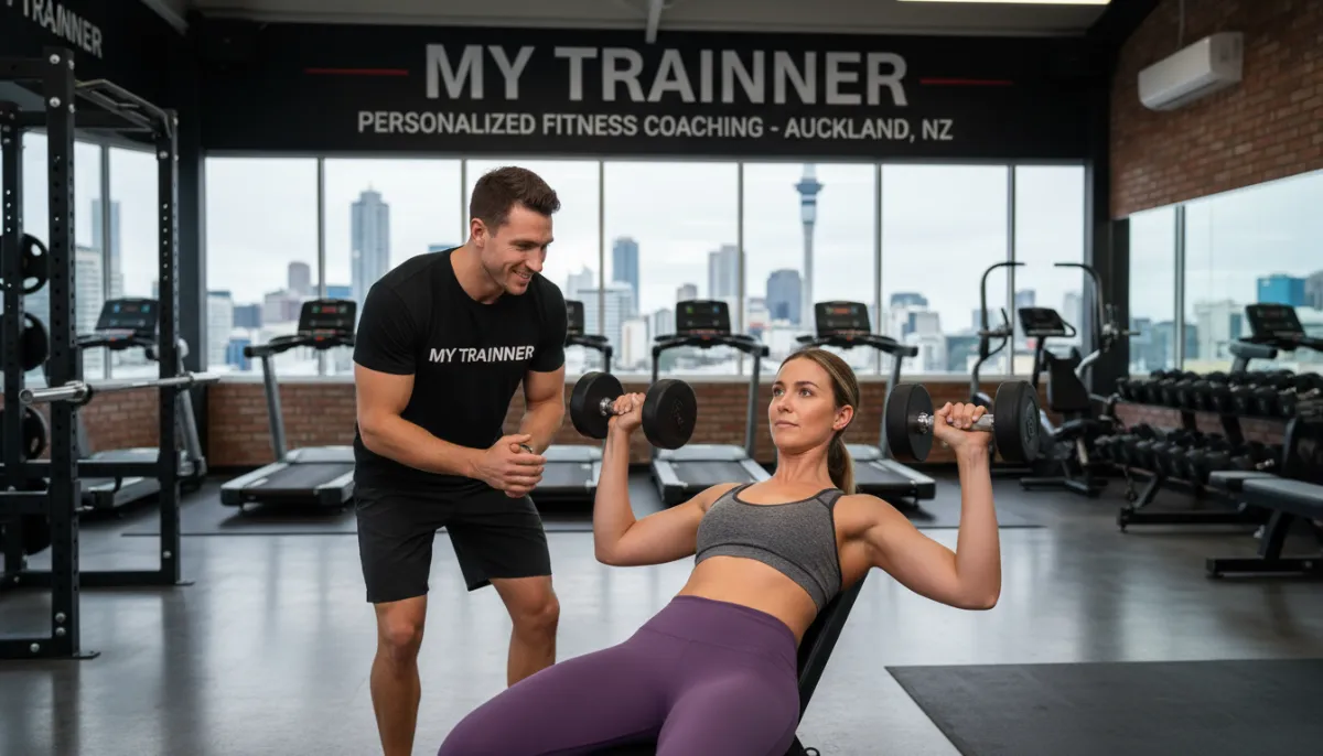 Client performing dumbbell press with personal trainer guidance