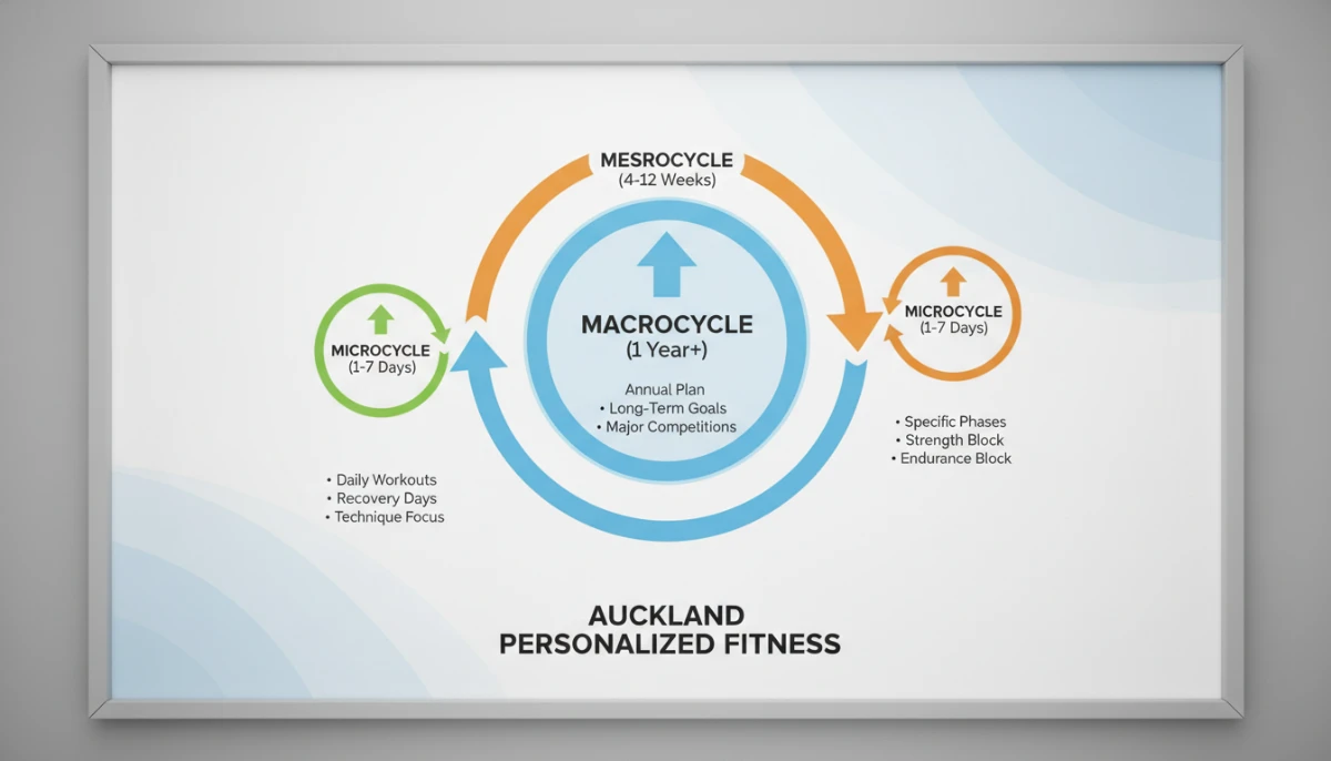 Diagram illustrating macrocycle, mesocycle, and microcycle in training.