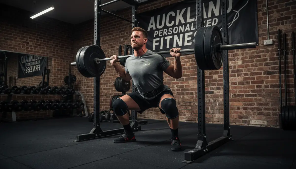 Athlete performing a heavy squat, showcasing strength training.