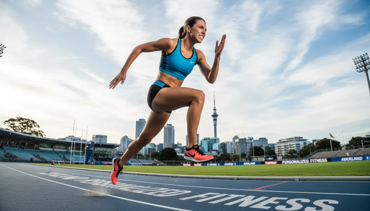 Endurance runner in mid-stride on a track, demonstrating speed and focus.