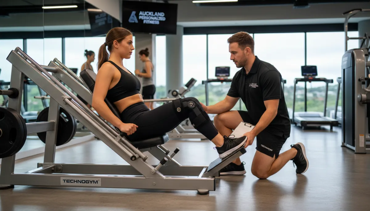 Athlete performing a leg press with a knee brace, supervised by a trainer, showing safe post-injury exercise.