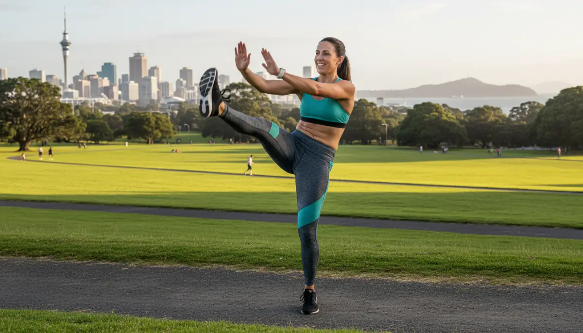 Individual doing dynamic stretches to warm up muscles and joints.