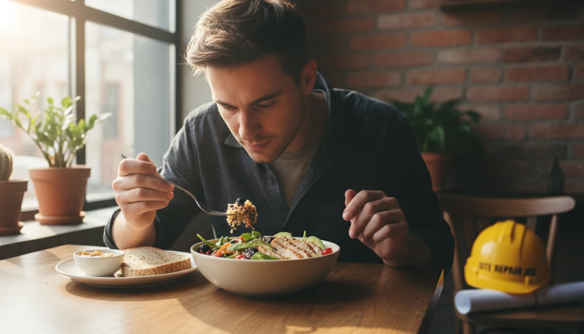 Person enjoying a meal mindfully, focusing on the sensory experience
