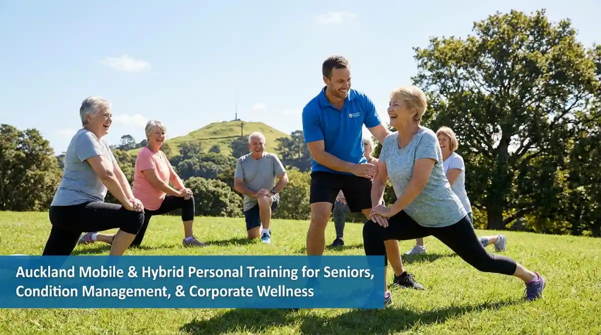 Seniors enjoying outdoor fitness in Auckland with a trainer