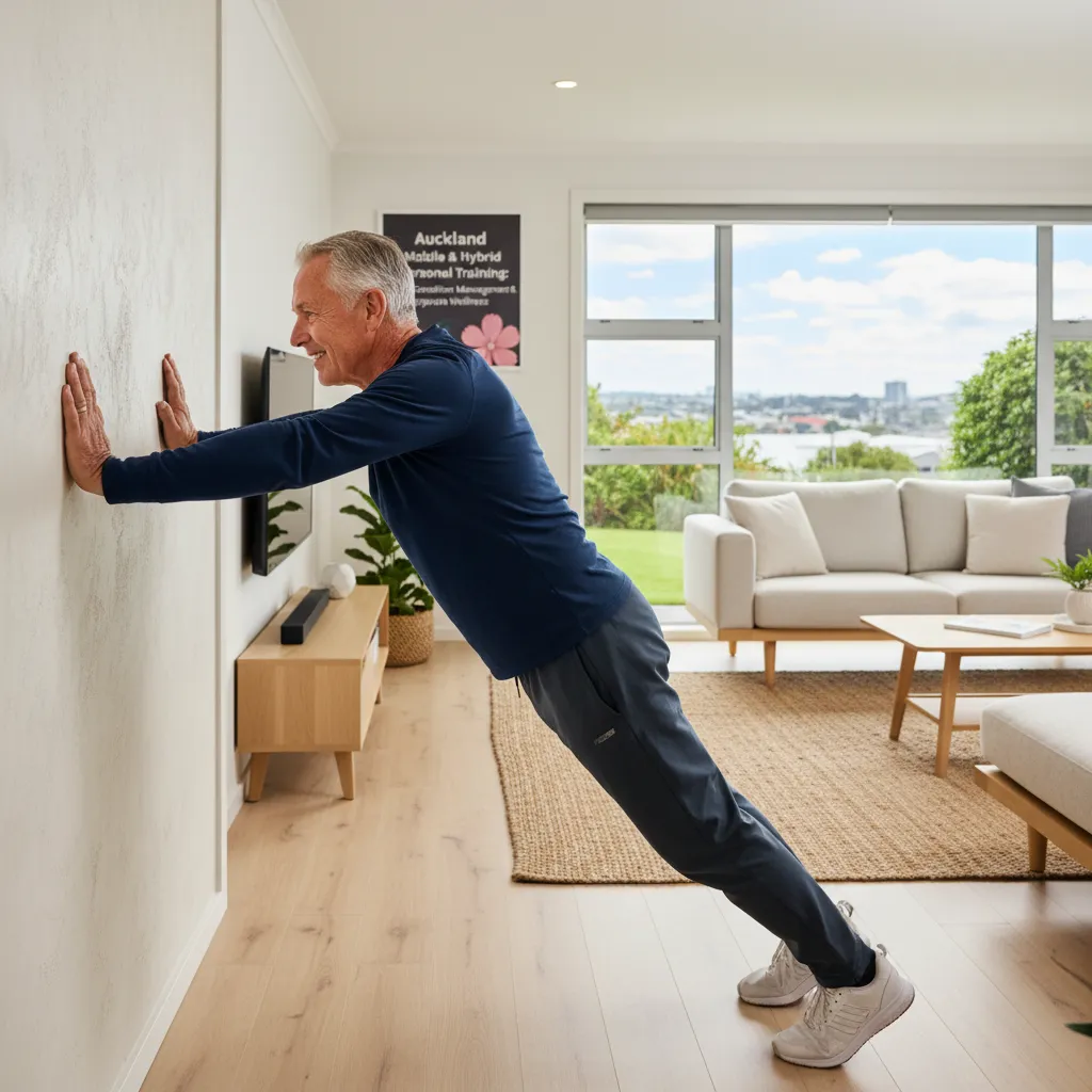 Senior man doing wall push-ups for strength training