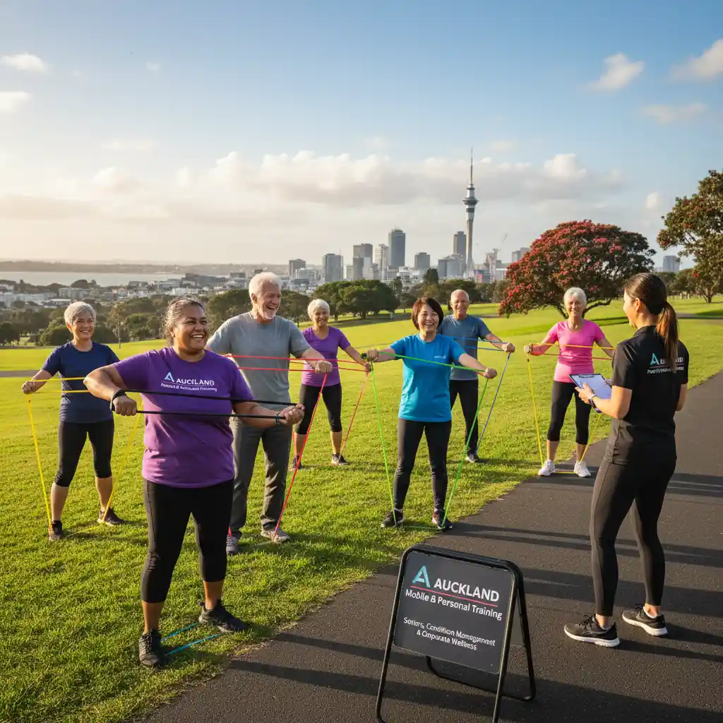 Seniors using resistance bands for progressive strength training in Auckland
