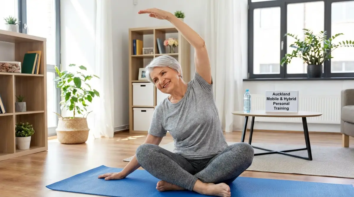 Senior woman stretching after home workout in Auckland