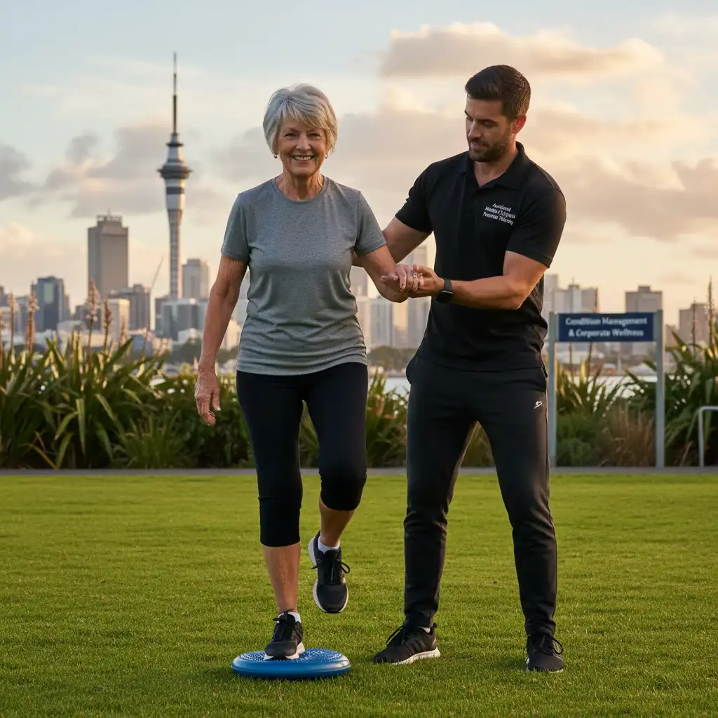 Senior woman doing balance exercises in Auckland park with trainer