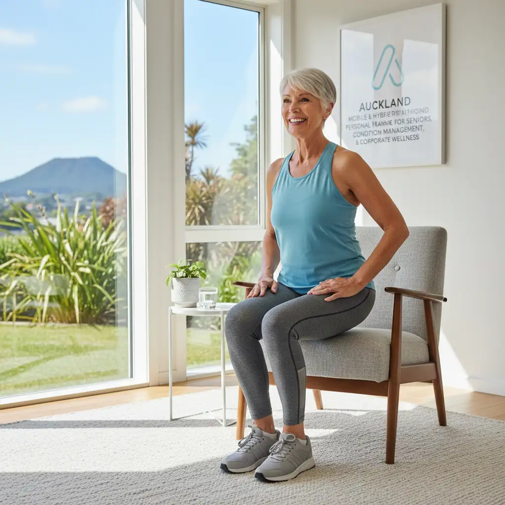 Senior woman doing sit-to-stand exercise at home in Auckland