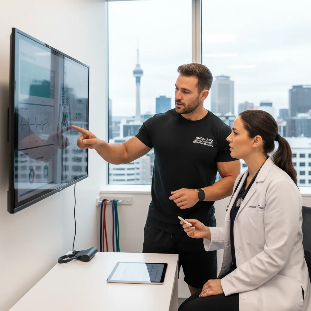 Medical professional and personal trainer collaborating on rehabilitation plan