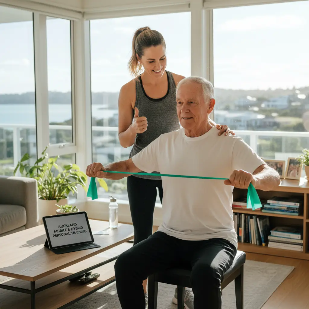 Personal trainer assisting client with modified exercise in Auckland home
