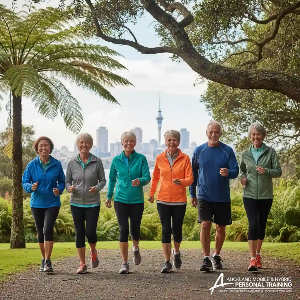 Seniors doing cardiac rehab exercise in an Auckland park