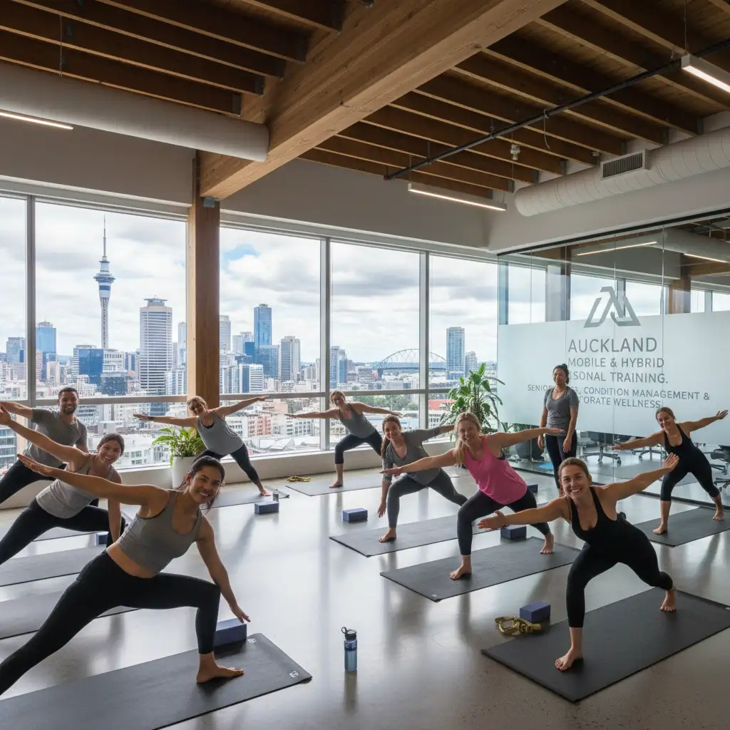 Group of diverse employees doing yoga during on-site corporate fitness class in Auckland office