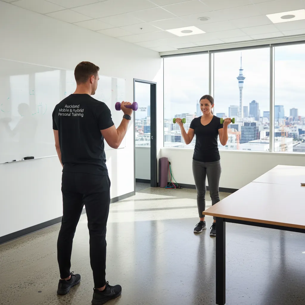 Personal trainer assisting employee with bicep curls during on-site training at Auckland office