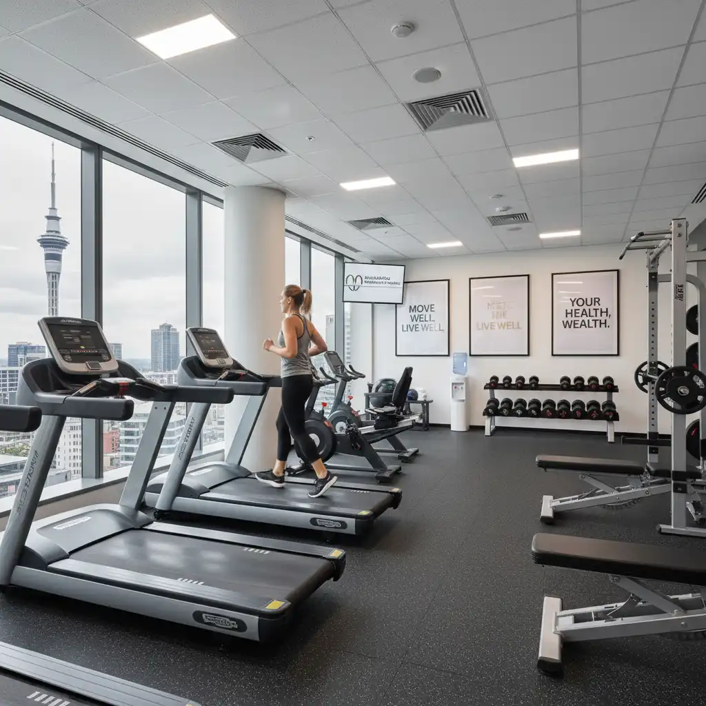 Well-equipped corporate gym setup in an Auckland office for employee fitness