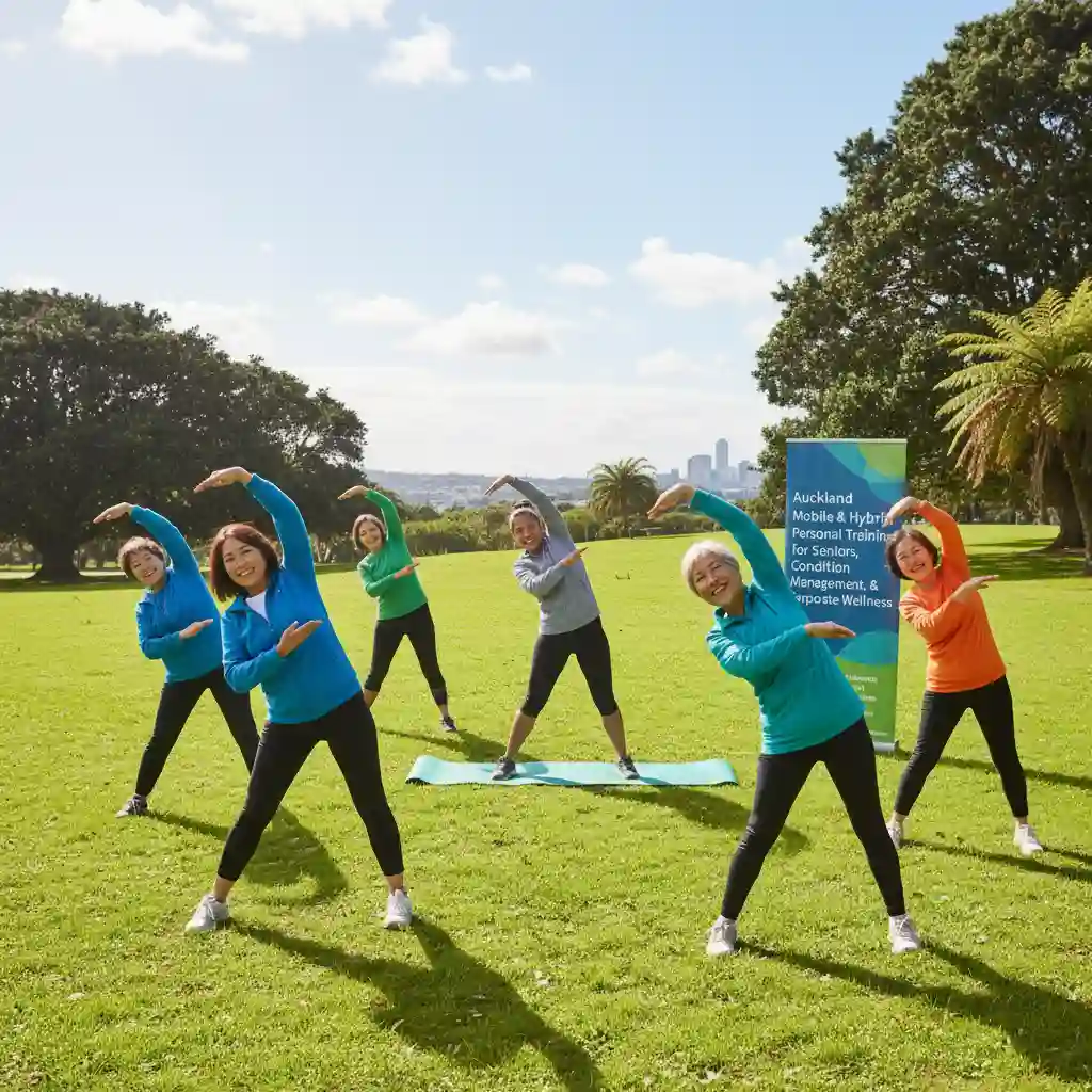 Seniors enjoying mobile outdoor personal training Auckland in a park