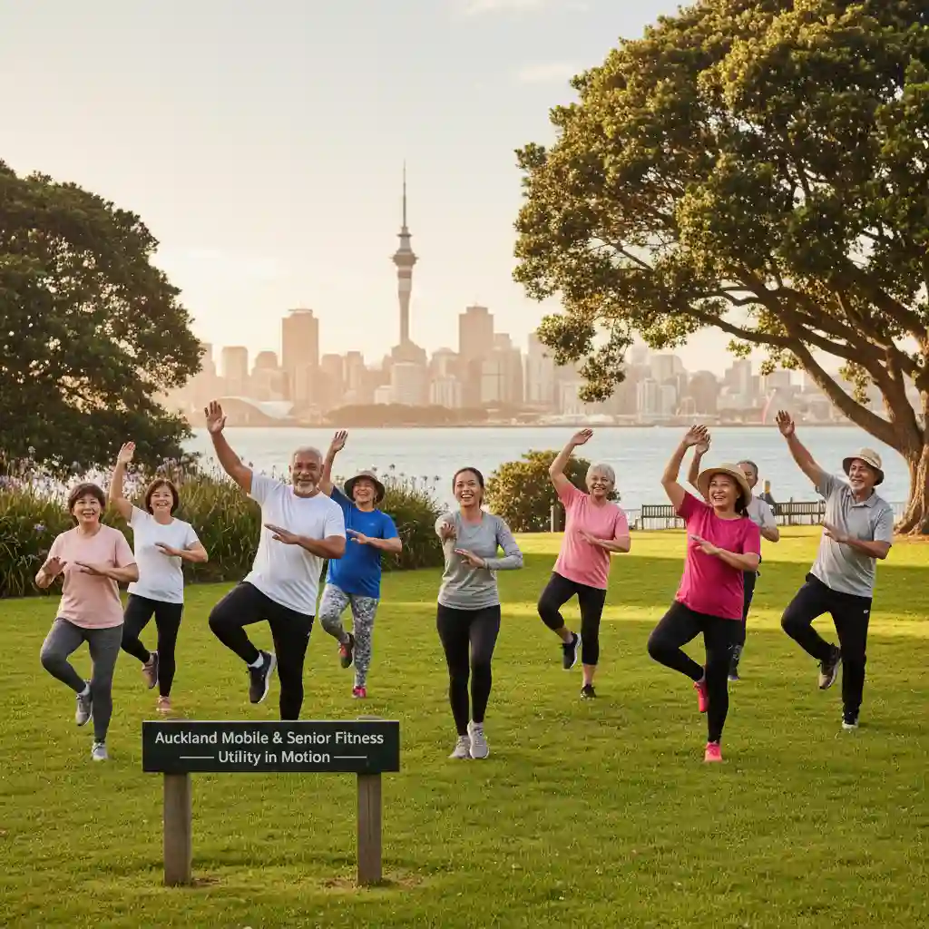 Happy seniors exercising outdoors in Auckland