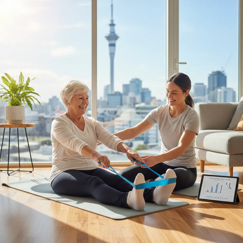 Senior woman exercising with mobile fitness trainer in Auckland
