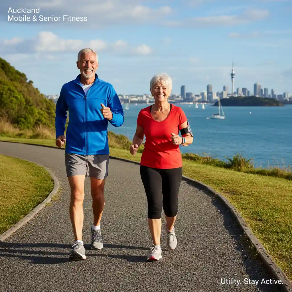 Active senior couple power walking in Auckland