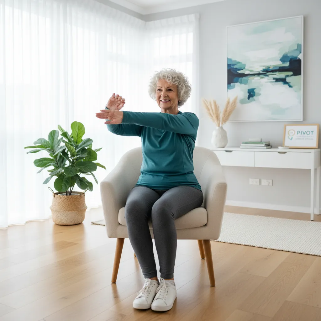 Elderly woman doing seated arm circles, part of chair exercises for seniors NZ