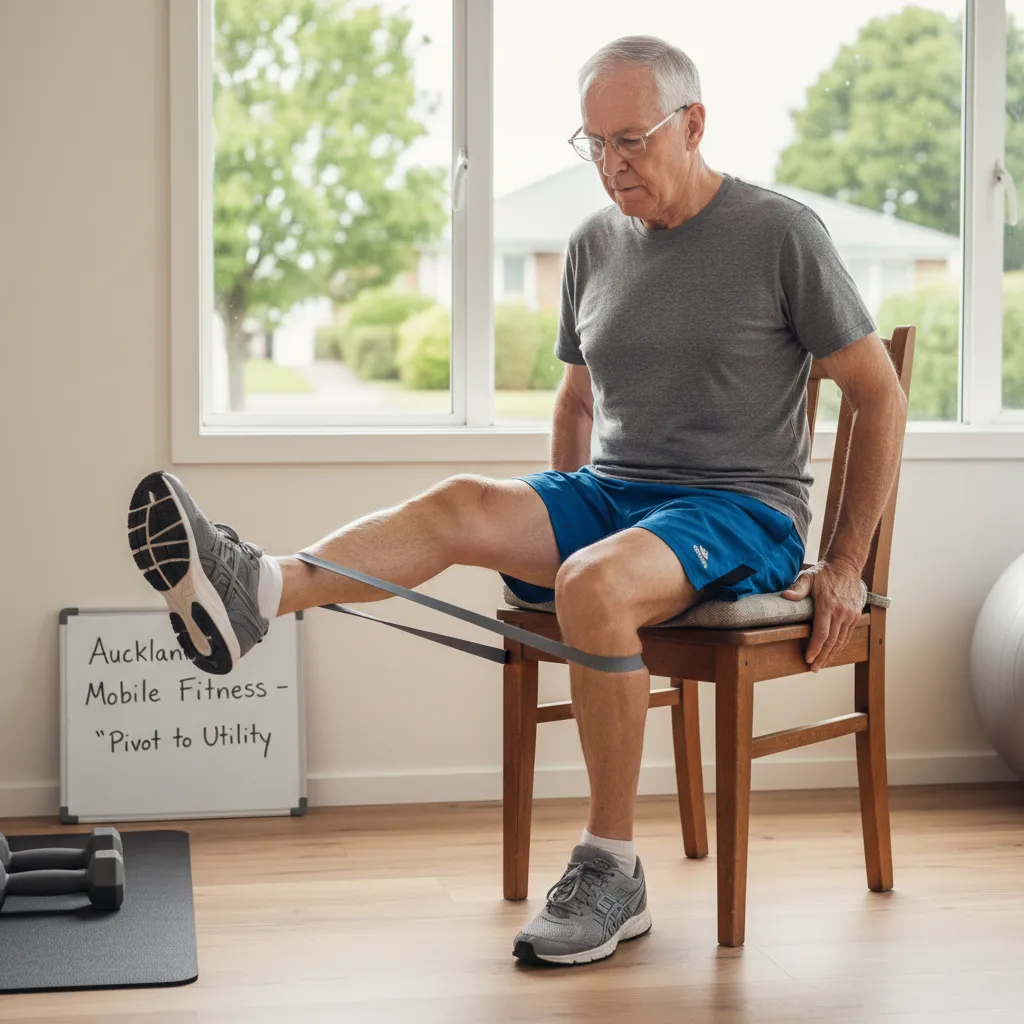 Active senior man performing seated knee extensions, crucial for low-impact workouts in NZ