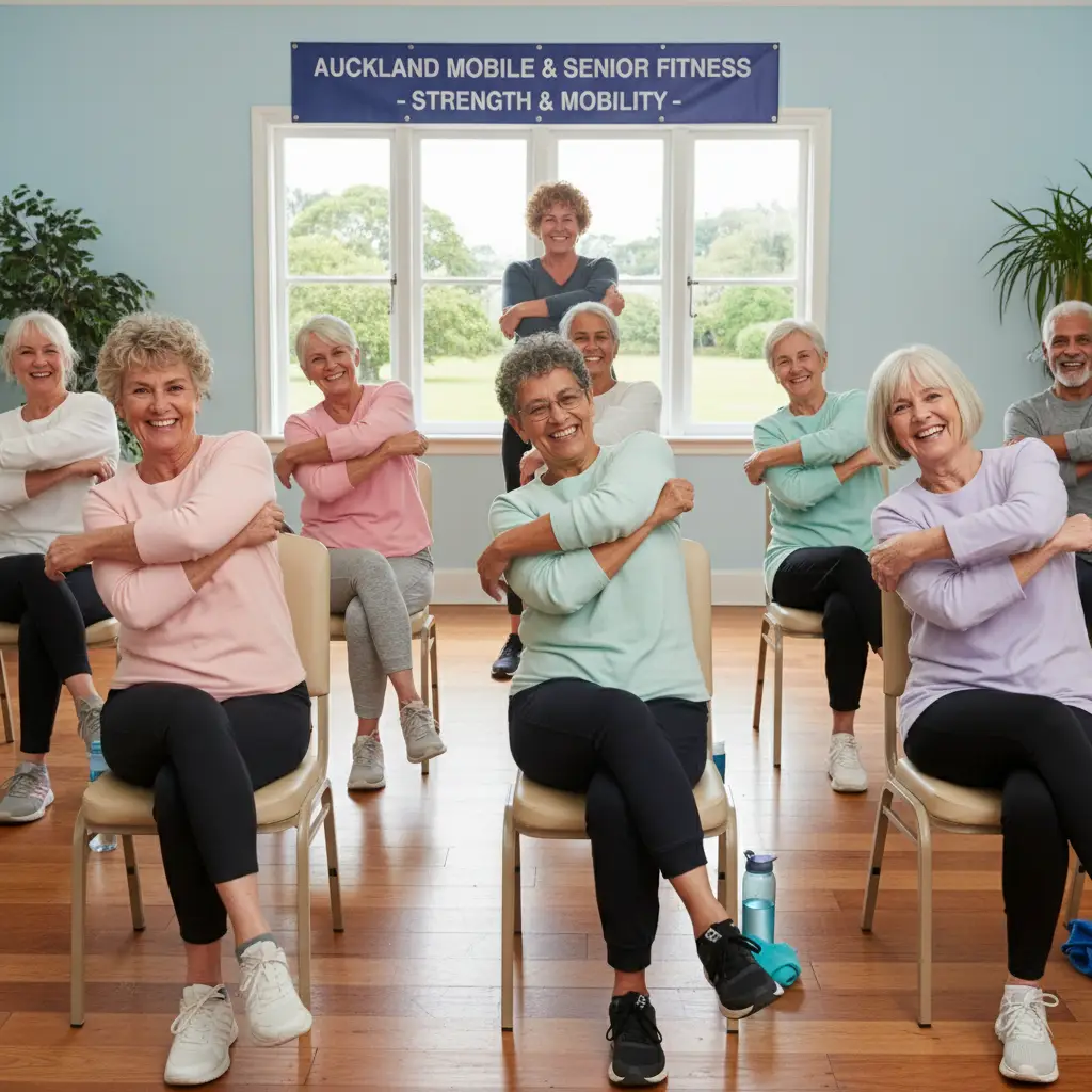 Seniors performing seated torso twists, a key chair exercise for core strength in NZ