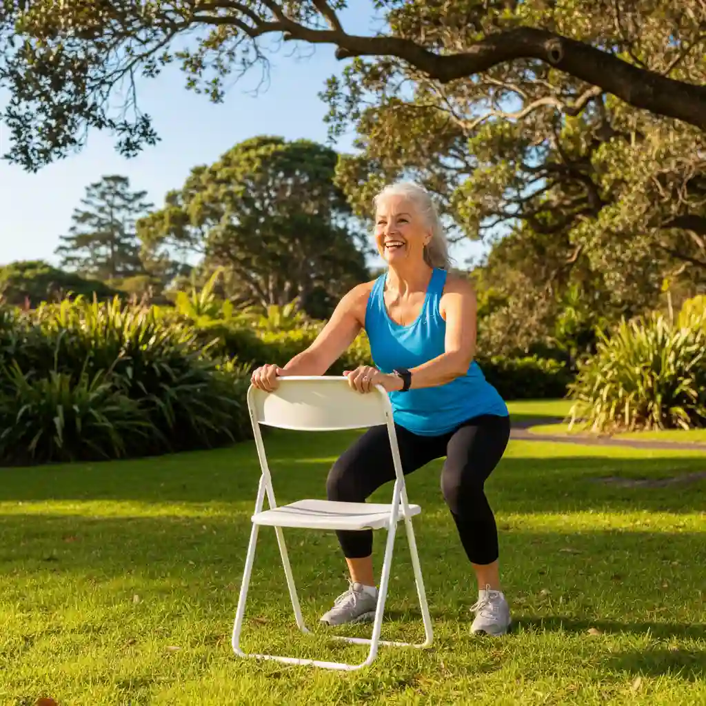 Energetic senior woman doing chair-assisted mini squats for active aging in Auckland, NZ