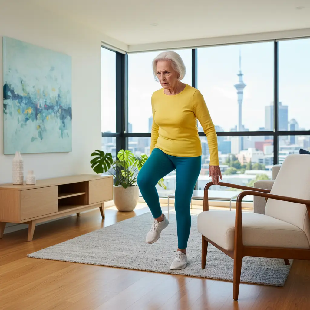 Elderly woman doing balance exercises for elderly NZ with chair support