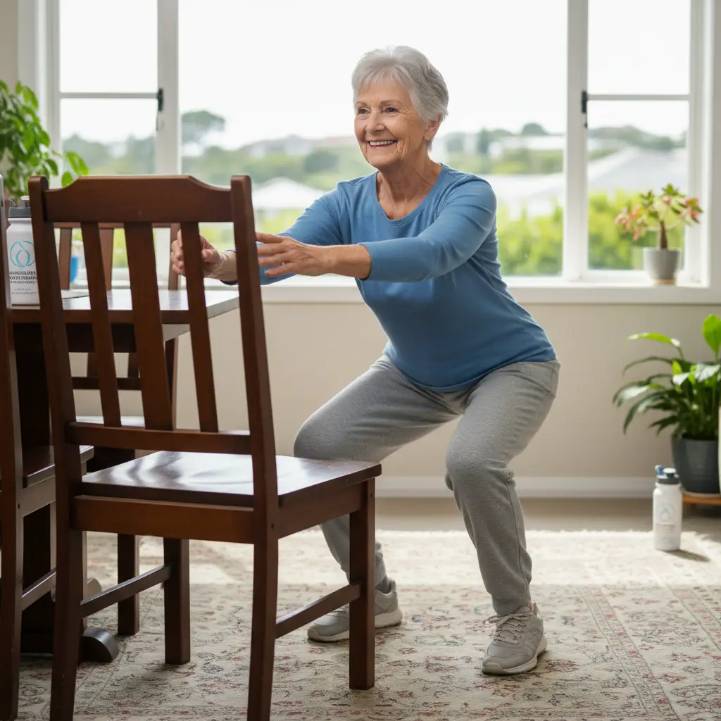 Senior doing mini squats for leg strength and balance NZ