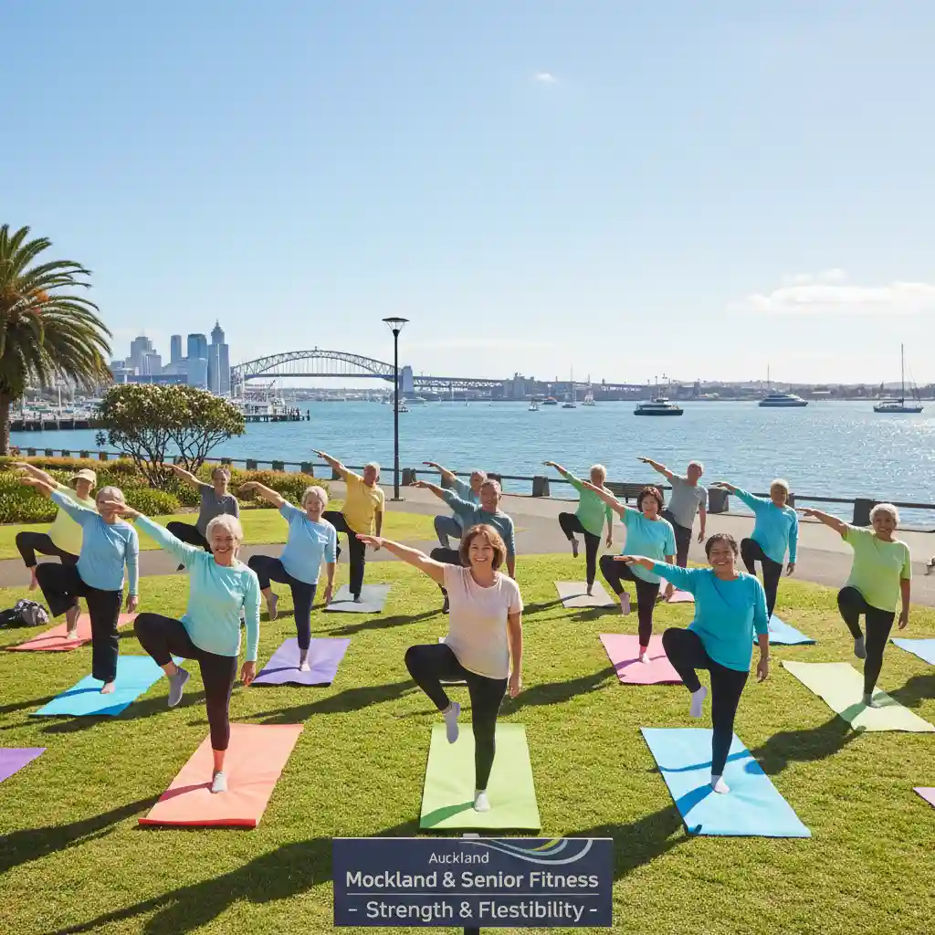 Seniors enjoying group stretching exercises near Auckland waterfront