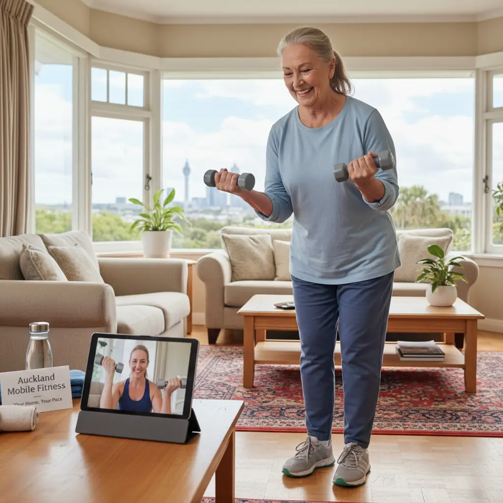 Senior woman doing personalized home workout with online personal trainer NZ