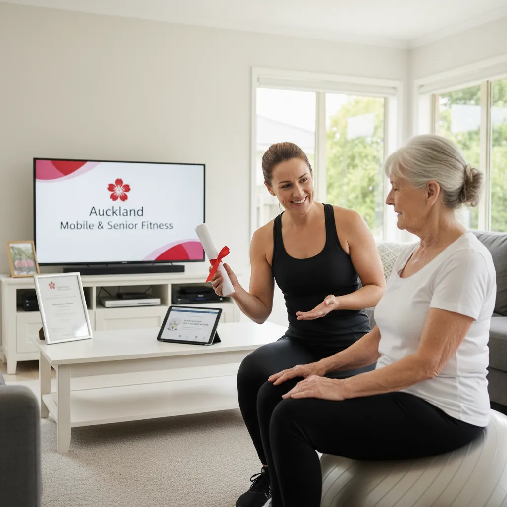 Certified personal trainer assisting senior client at home