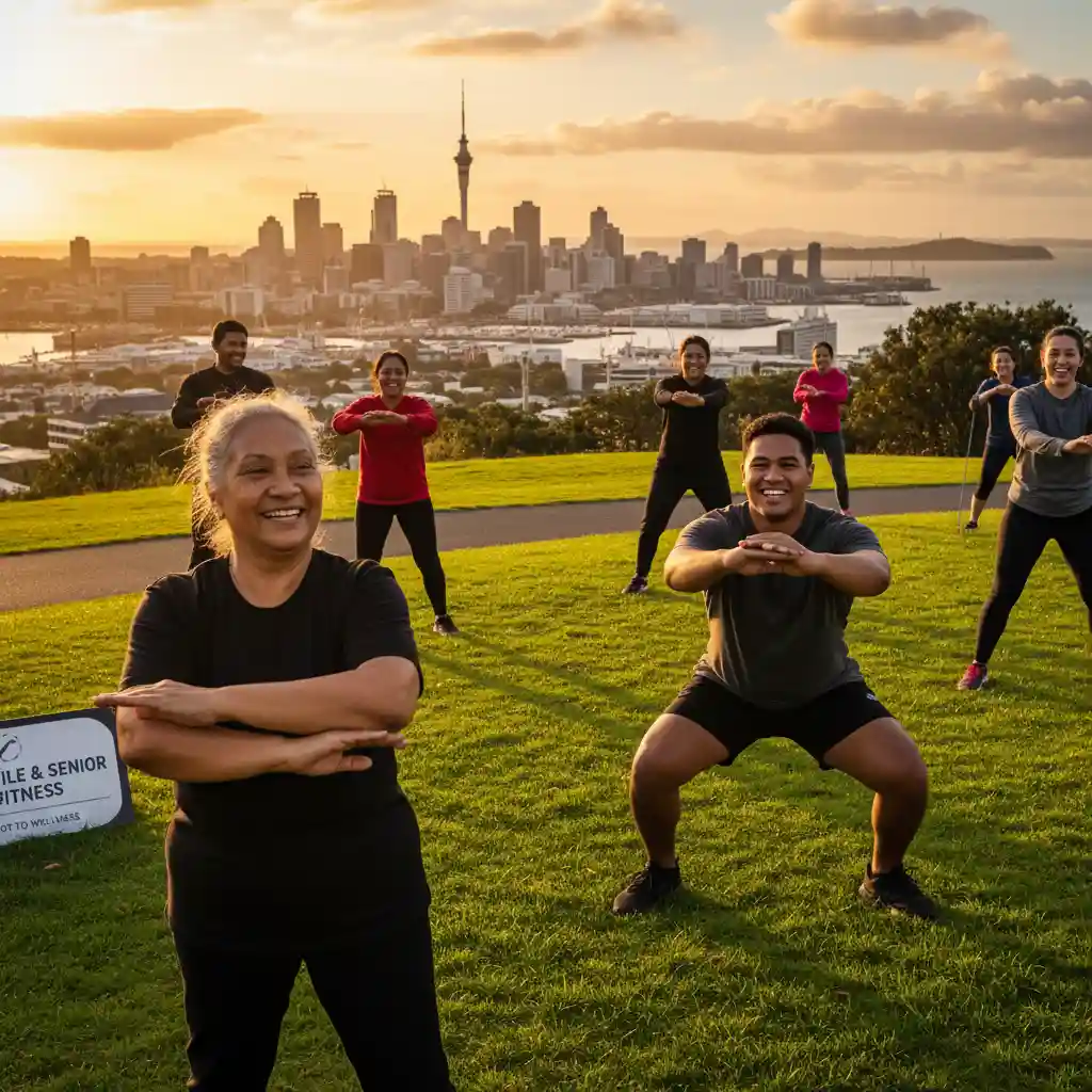 Diverse New Zealanders engaged in a full body workout plan NZ outdoors