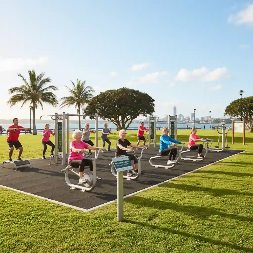 People exercising on outdoor gym equipment in an Auckland park