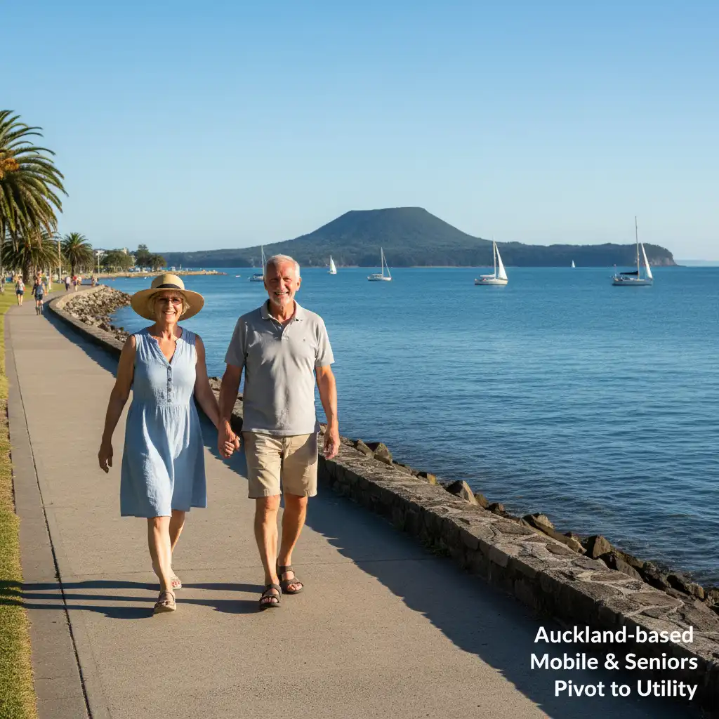 Senior couple walking on Tamaki Drive, Auckland