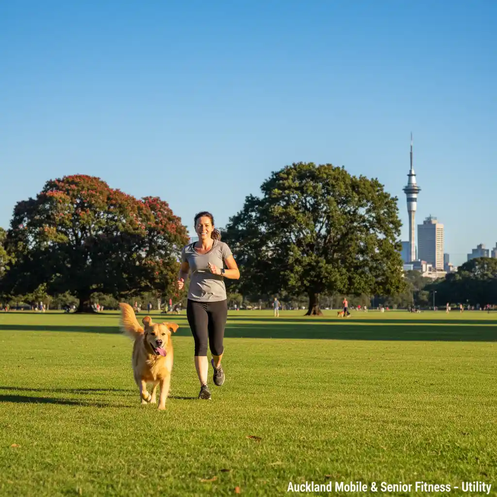 Person jogging with dog in pet-friendly Auckland park