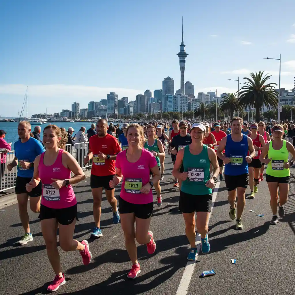 Runners participating in a fitness event in Auckland along the waterfront
