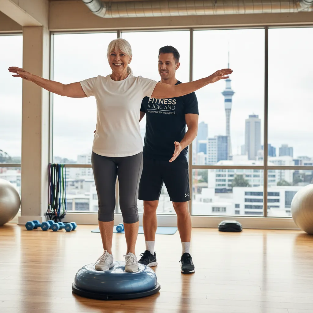 Senior woman receiving specialized personal training in Auckland for balance and strength